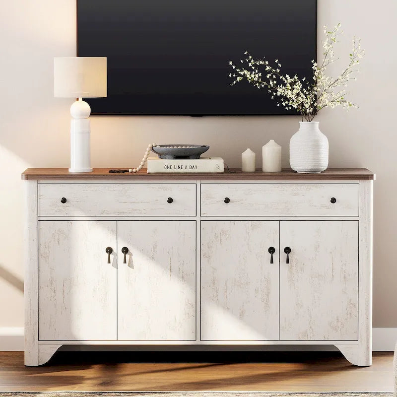 Meuble TV de style ferme, adapté aux téléviseurs de 65 pouces.