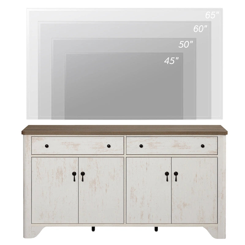 Meuble TV de style ferme, adapté aux téléviseurs de 65 pouces.