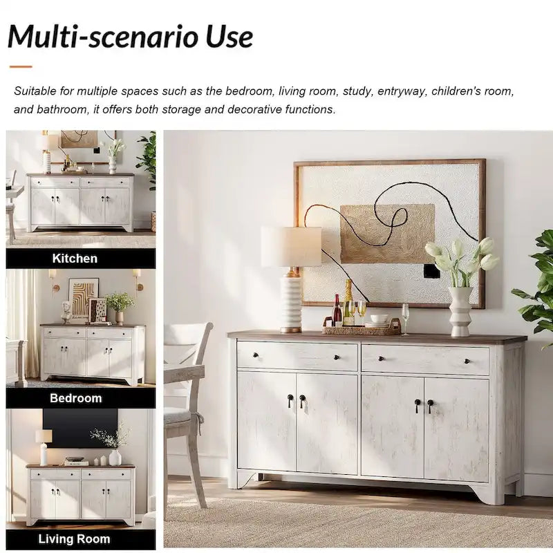 Meuble TV de style ferme, adapté aux téléviseurs de 65 pouces.
