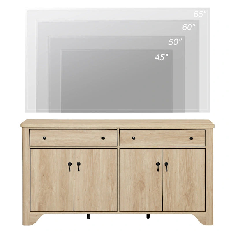 Meuble TV de style ferme, adapté aux téléviseurs de 65 pouces.