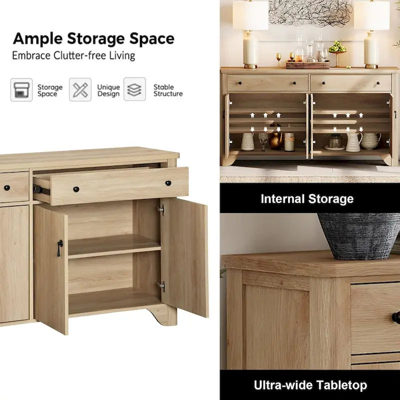Meuble TV de style ferme, adapté aux téléviseurs de 65 pouces.