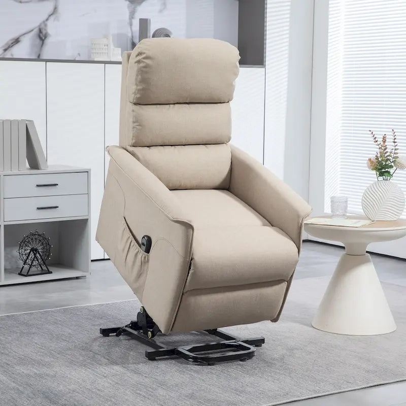Fauteuil inclinable électrique à hauteur réglable pour personnes âgées, revêtu de tissu.