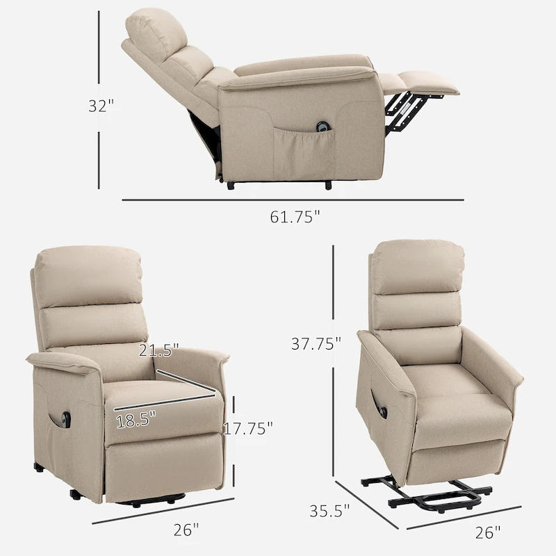 Fauteuil inclinable électrique à hauteur réglable pour personnes âgées, revêtu de tissu.
