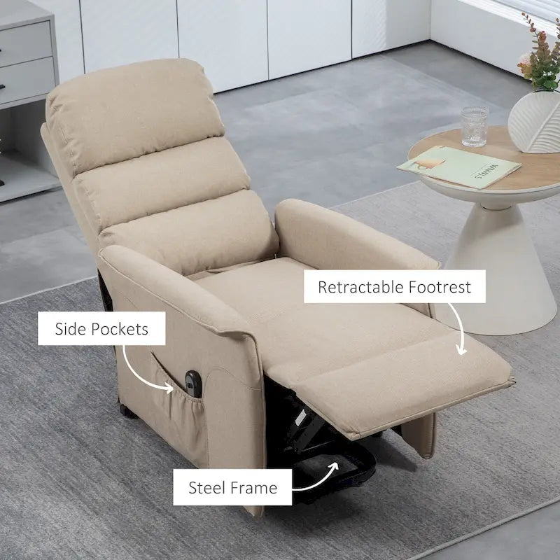 Fauteuil inclinable électrique à hauteur réglable pour personnes âgées, revêtu de tissu.