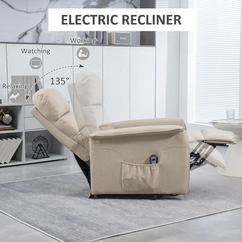 Fauteuil inclinable électrique à hauteur réglable pour personnes âgées, revêtu de tissu.