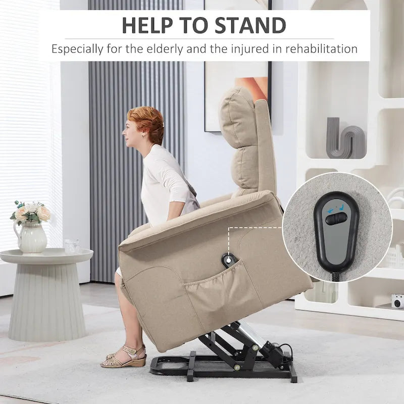 Fauteuil inclinable électrique à hauteur réglable pour personnes âgées, revêtu de tissu.