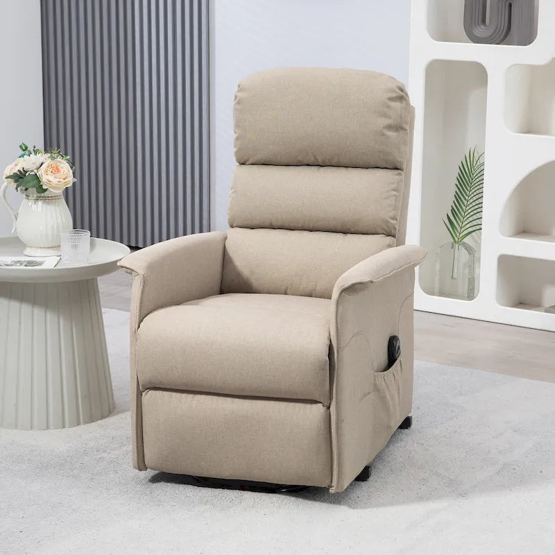 Fauteuil inclinable électrique à hauteur réglable pour personnes âgées, revêtu de tissu.