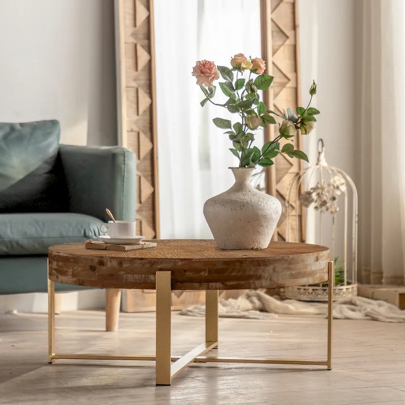 Table basse ronde au style rétro moderne, avec un design minimaliste.