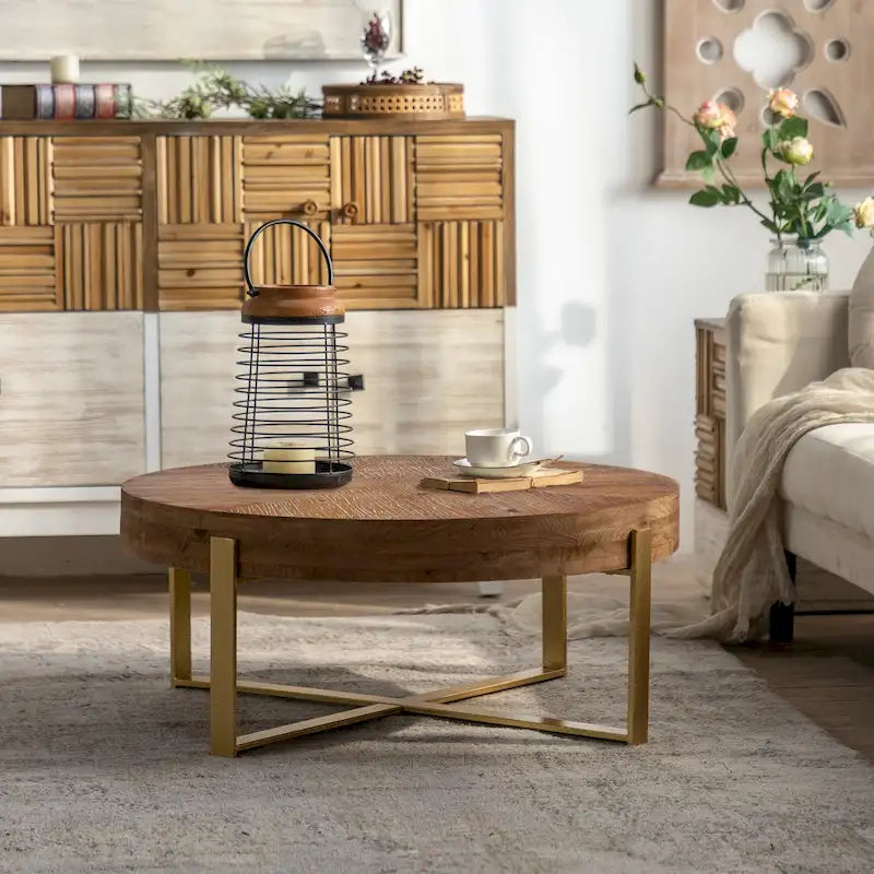 Table basse ronde au style rétro moderne, avec un design minimaliste.