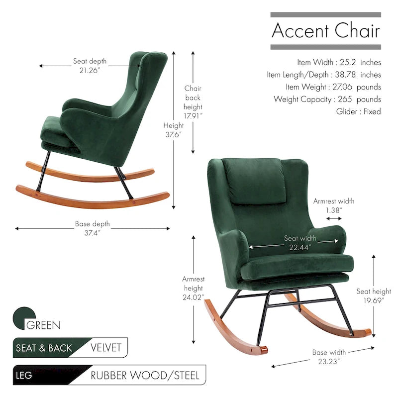 Porthos Home Dax Fauteuil à bascule d'appoint, Velours, Pieds en bois d'hévéa et acier