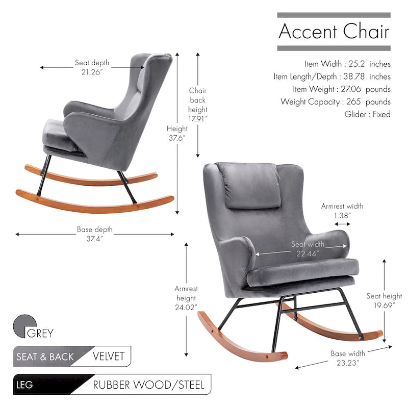 Porthos Home Dax Fauteuil à bascule d'appoint, Velours, Pieds en bois d'hévéa et acier