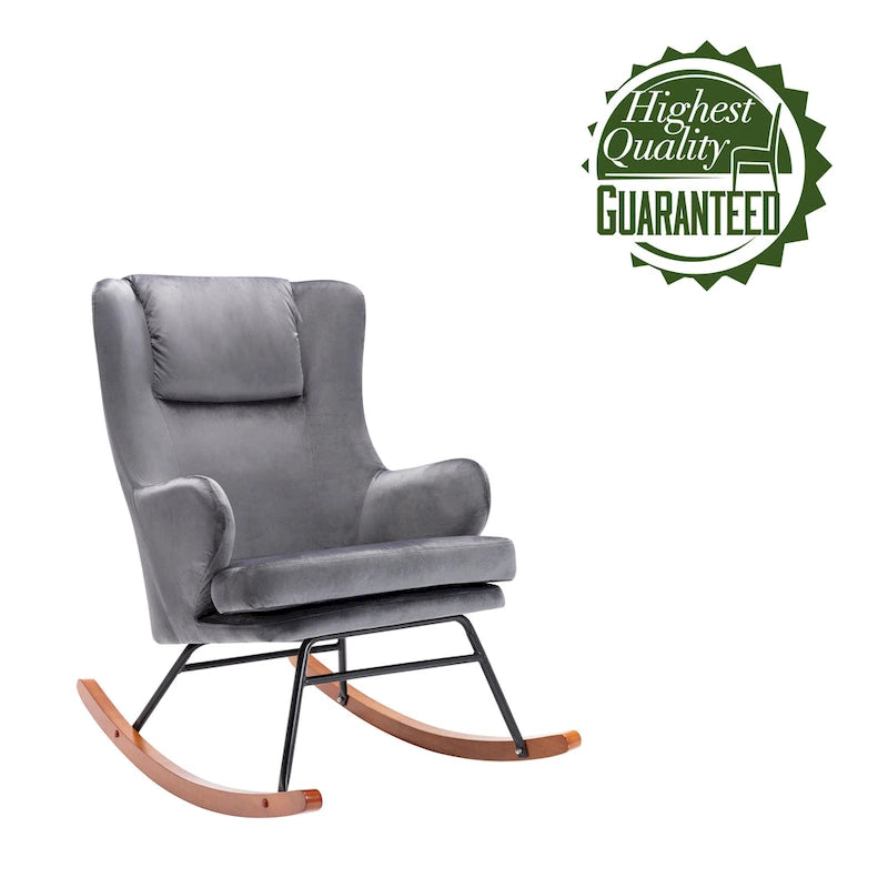 Porthos Home Dax Fauteuil à bascule d'appoint, Velours, Pieds en bois d'hévéa et acier