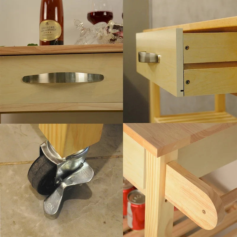 Un chariot d'îlot de cuisine à roulettes avec deux tiroirs et des étagères ouvertes.