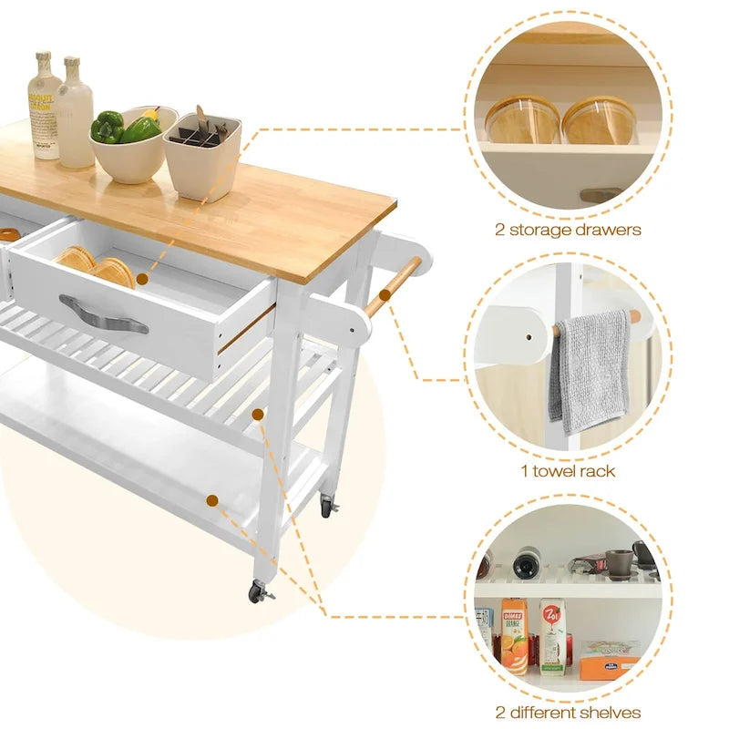 Un chariot d'îlot de cuisine à roulettes avec deux tiroirs et des étagères ouvertes.
