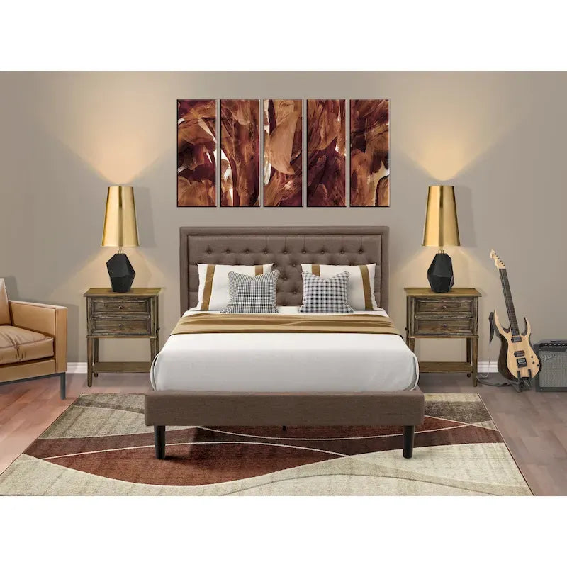 Ensemble de lit queen-size East-West Furniture - Cadre de lit marron avec petite table de chevet