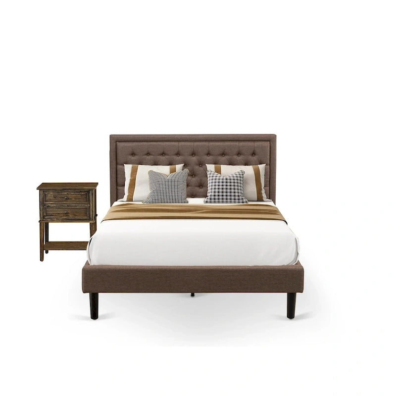 Ensemble de lit queen-size East-West Furniture - Cadre de lit marron avec petite table de chevet