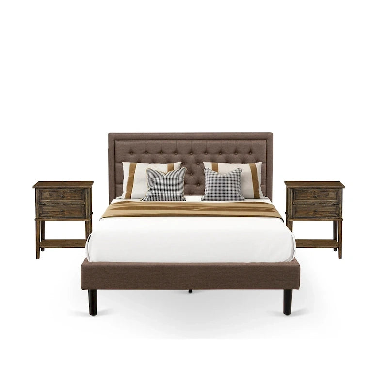 Ensemble de lit queen-size East-West Furniture - Cadre de lit marron avec petite table de chevet
