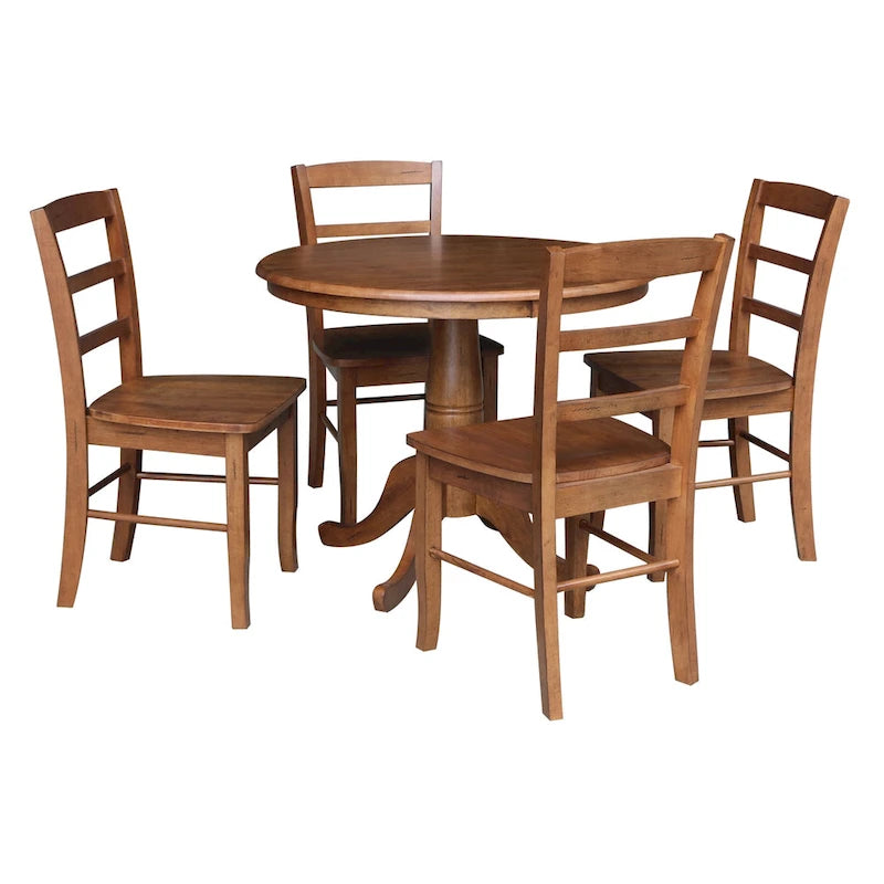 Table à manger ronde en bois massif avec 4 chaises à dossier ajouré