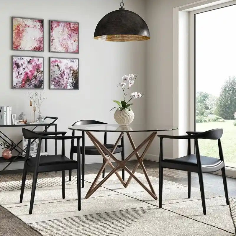 Chaise de salle à manger Kennedy en bois massif coudée, en chêne et similicuir