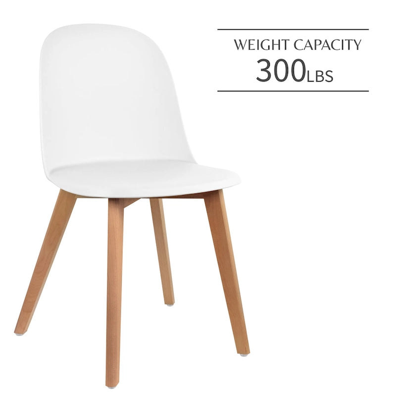 Ensemble de deux chaises de salle à manger, avec dossiers, sans accoudoirs, assise en plastique et pieds en bois.