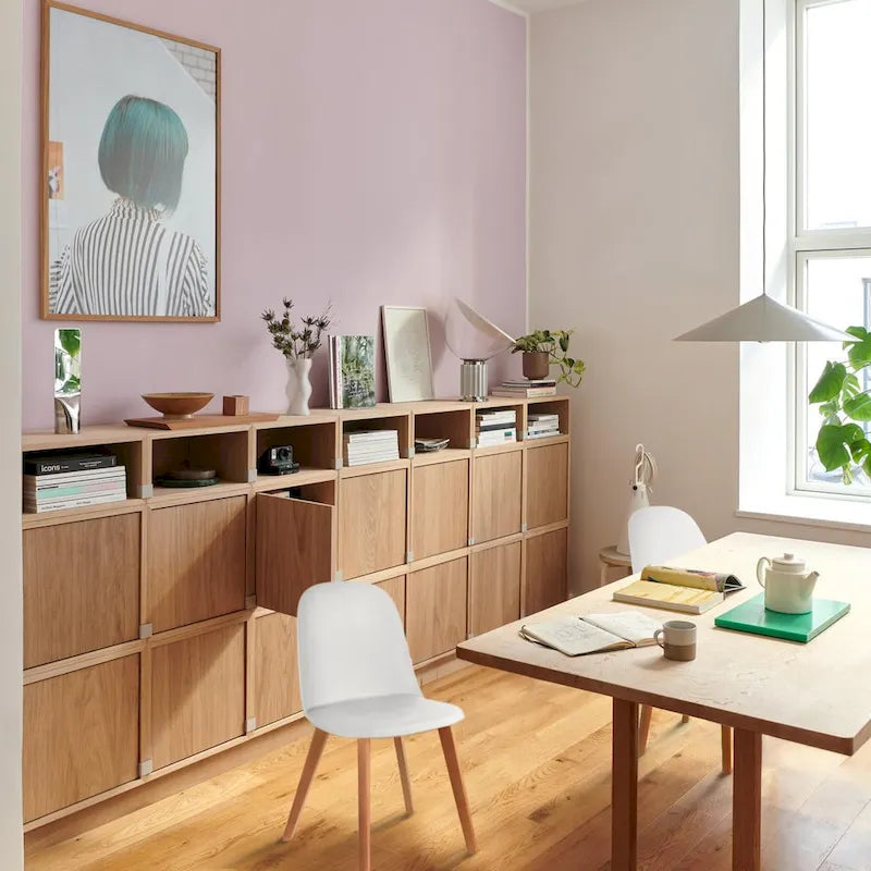 Ensemble de deux chaises de salle à manger, avec dossiers, sans accoudoirs, assise en plastique et pieds en bois.