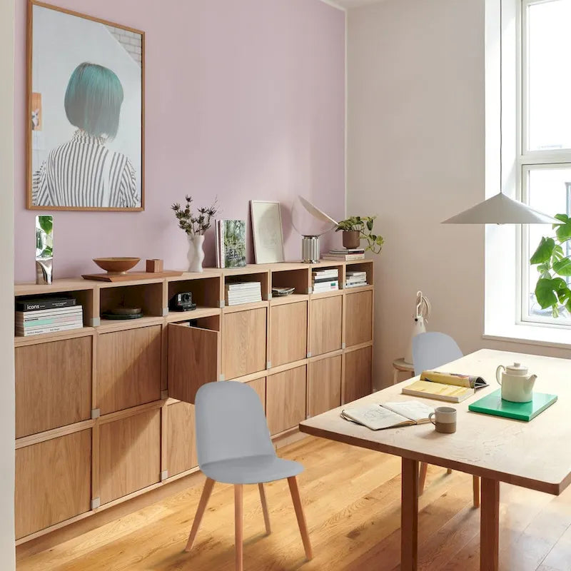 Ensemble de deux chaises de salle à manger, avec dossiers, sans accoudoirs, assise en plastique et pieds en bois.