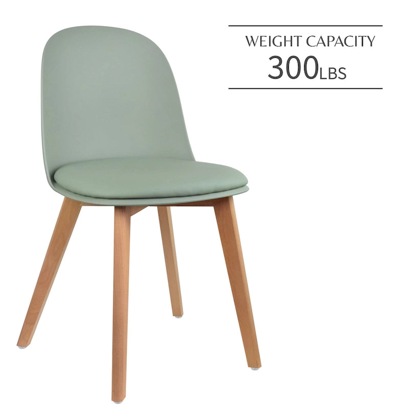 Ensemble de deux chaises de salle à manger, avec dossiers, sans accoudoirs, assise en plastique et pieds en bois.