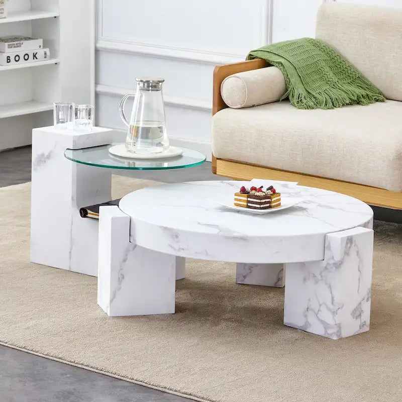 Table basse en MDF à motif marbre avec table d'appoint.