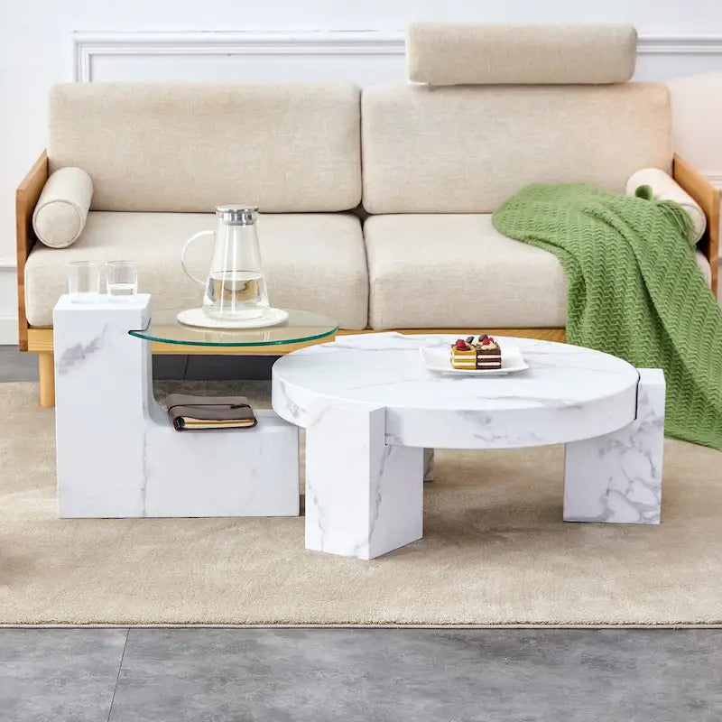 Table basse en MDF à motif marbre avec table d'appoint.