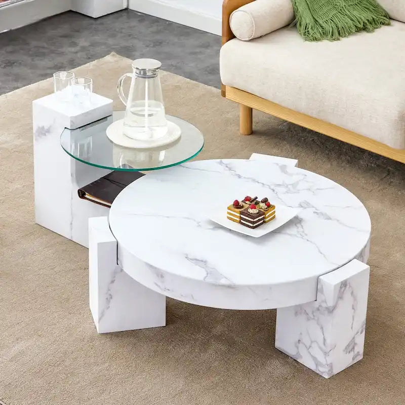 Table basse en MDF à motif marbre avec table d'appoint.