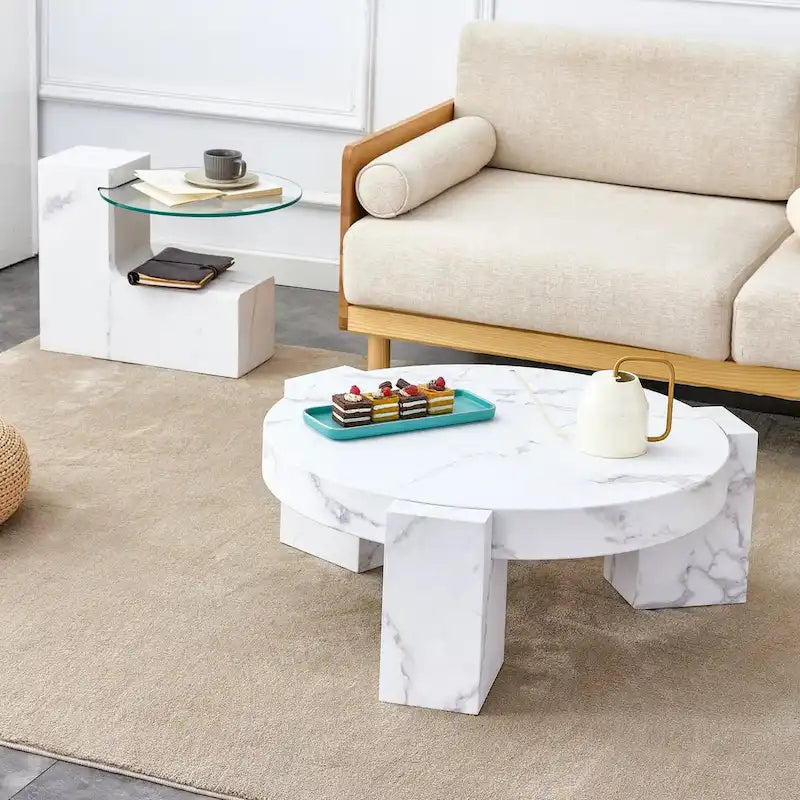 Table basse en MDF à motif marbre avec table d'appoint.