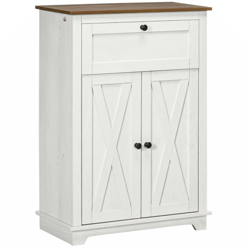 Meuble d'appoint de style ferme avec portes de grange, buffet de cuisine avec double portes, tiroir, blanc