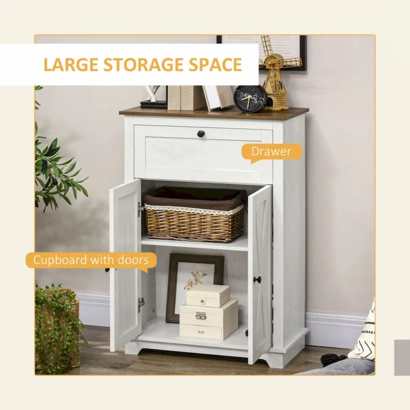Meuble d'appoint de style ferme avec portes de grange, buffet de cuisine avec double portes, tiroir, blanc