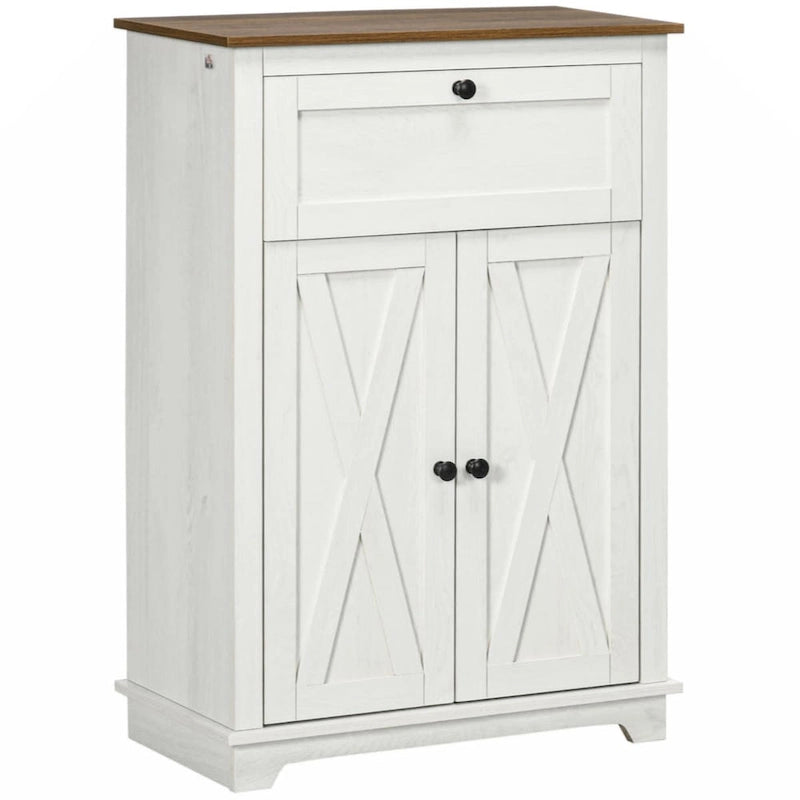 Meuble d'appoint de style ferme avec portes de grange, buffet de cuisine avec double portes, tiroir, blanc