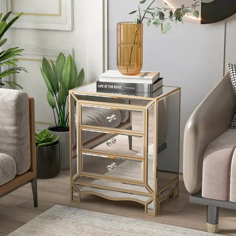 Hotte de cuisinière à trois tiroirs avec miroir couleur champagne, table de chevet multifonctionnelle