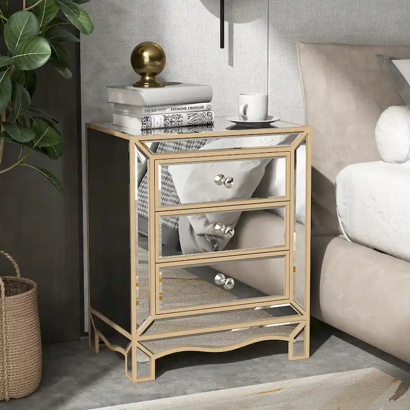 Hotte de cuisinière à trois tiroirs avec miroir couleur champagne, table de chevet multifonctionnelle
