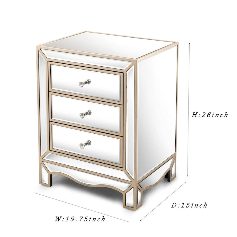 Hotte de cuisinière à trois tiroirs avec miroir couleur champagne, table de chevet multifonctionnelle
