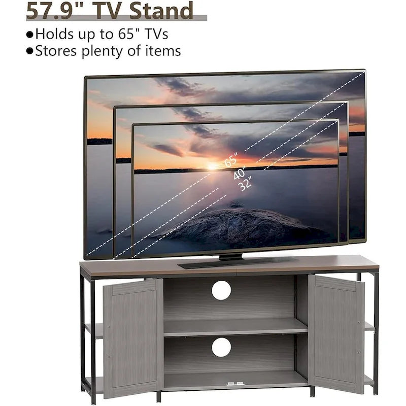 Meuble TV de style rustique avec portes et étagères ouvertes