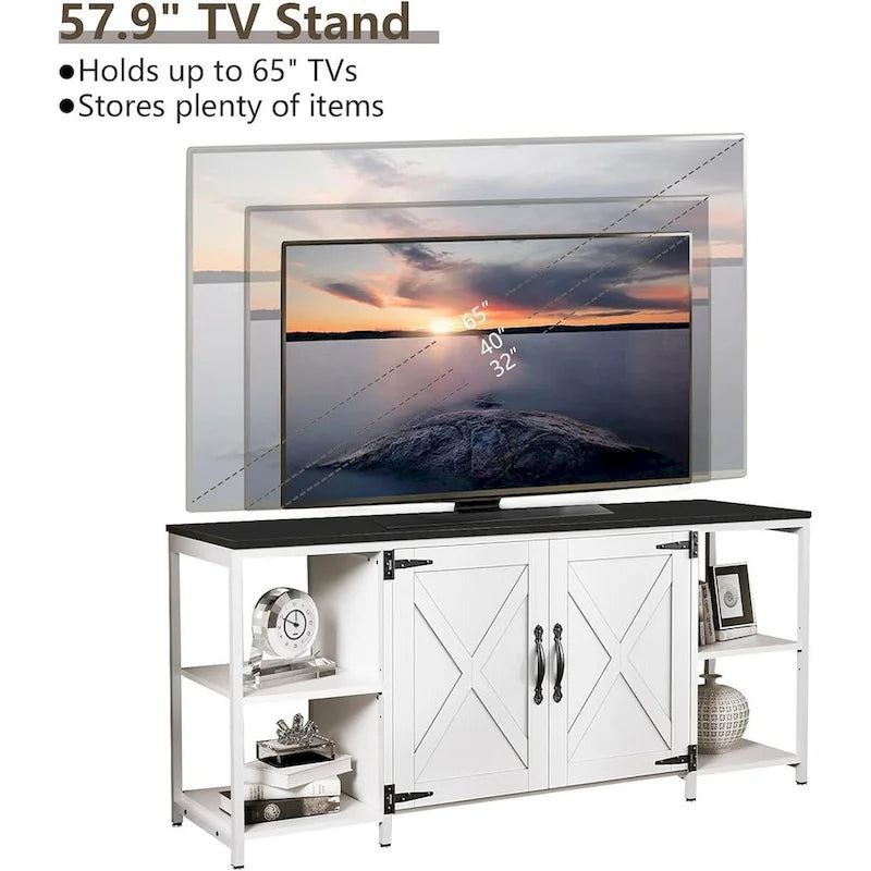 Meuble TV de style rustique avec portes et étagères ouvertes